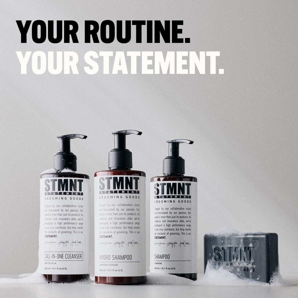 STMNT conditioner lifestyle bathroom scene conveying fresh scent and daily grooming routine benefit