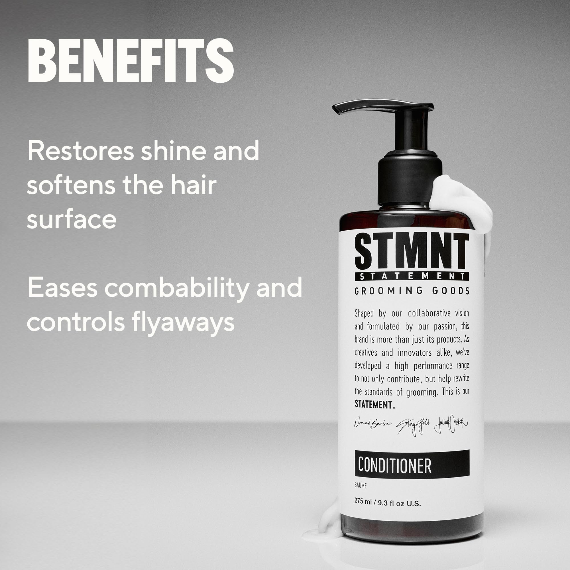 STMNT conditioner creamy pour texture demonstrating moisturizing formula and easy application benefit