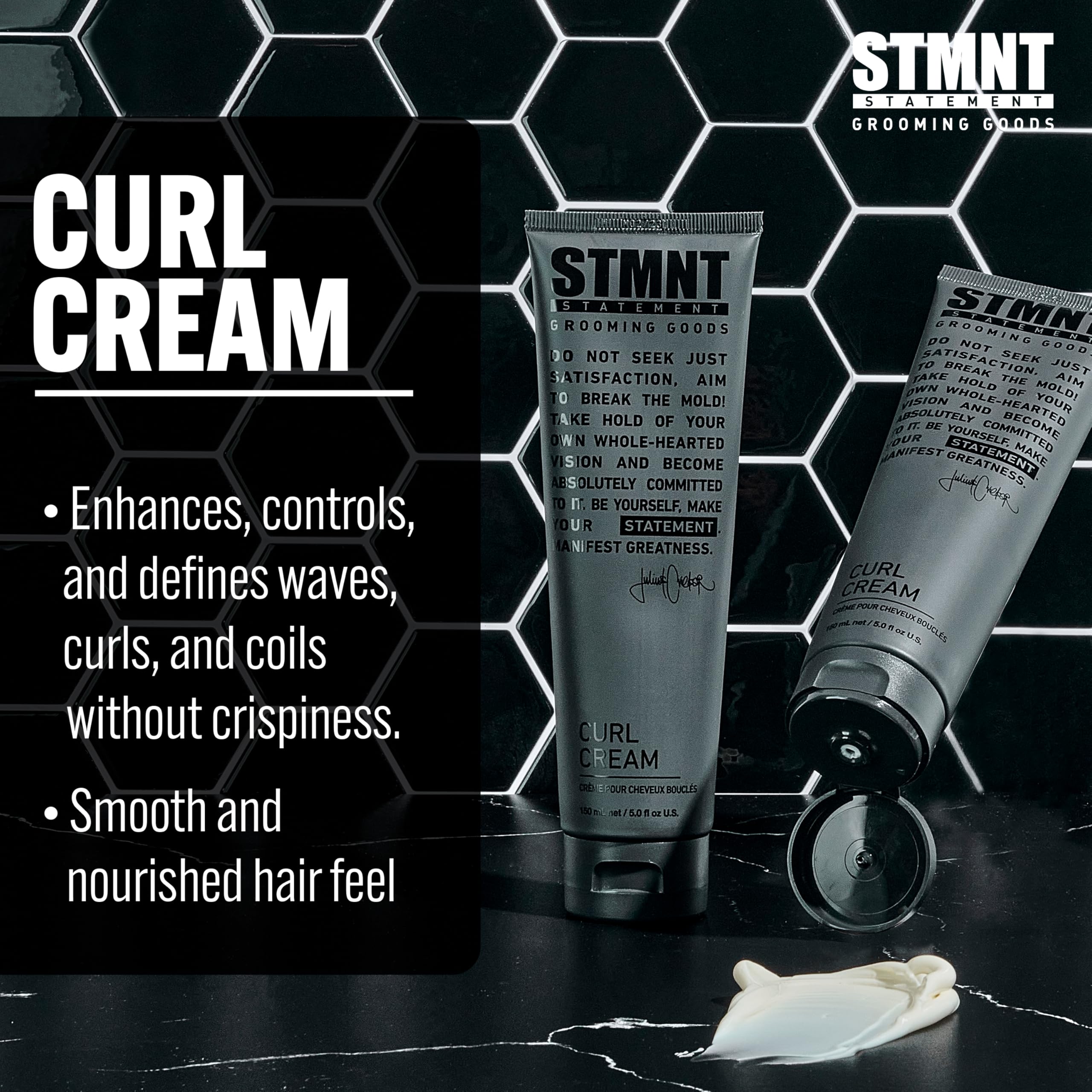 STMNT curl cream in hand ready to apply for improved manageability