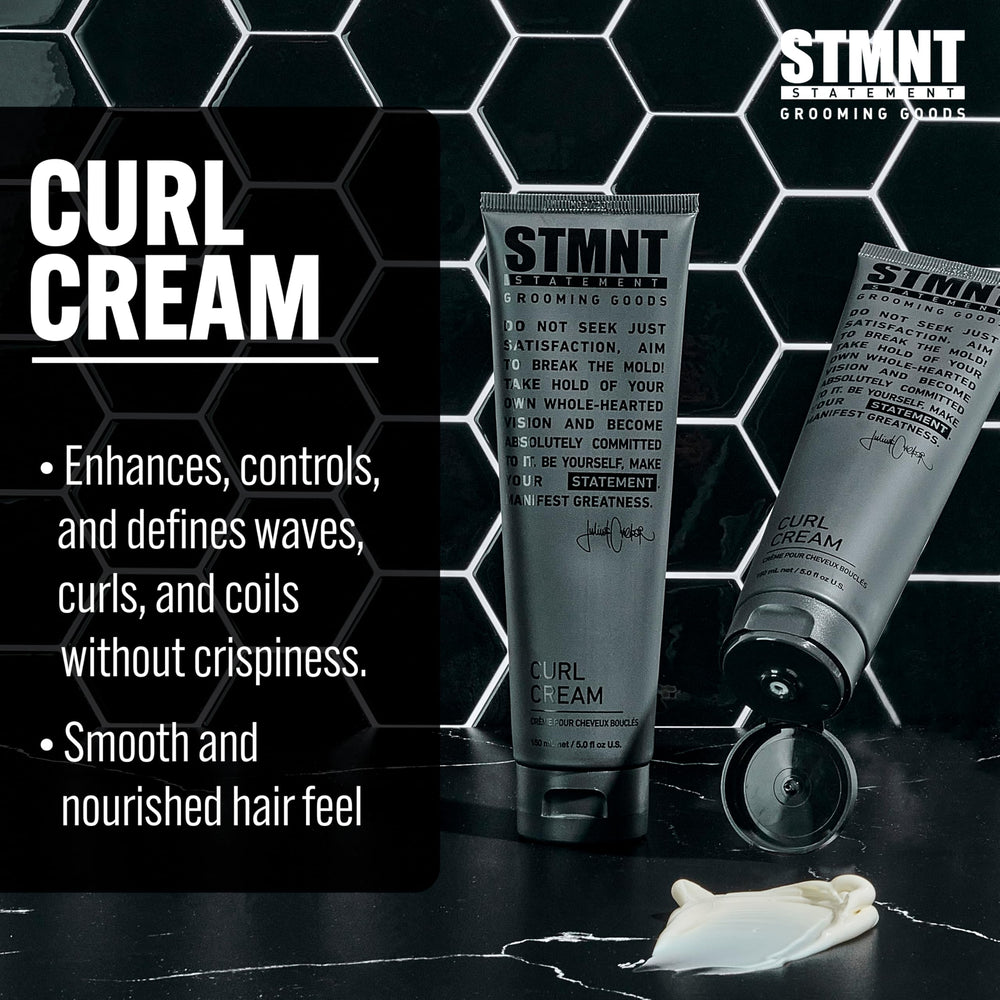 STMNT curl cream in hand ready to apply for improved manageability
