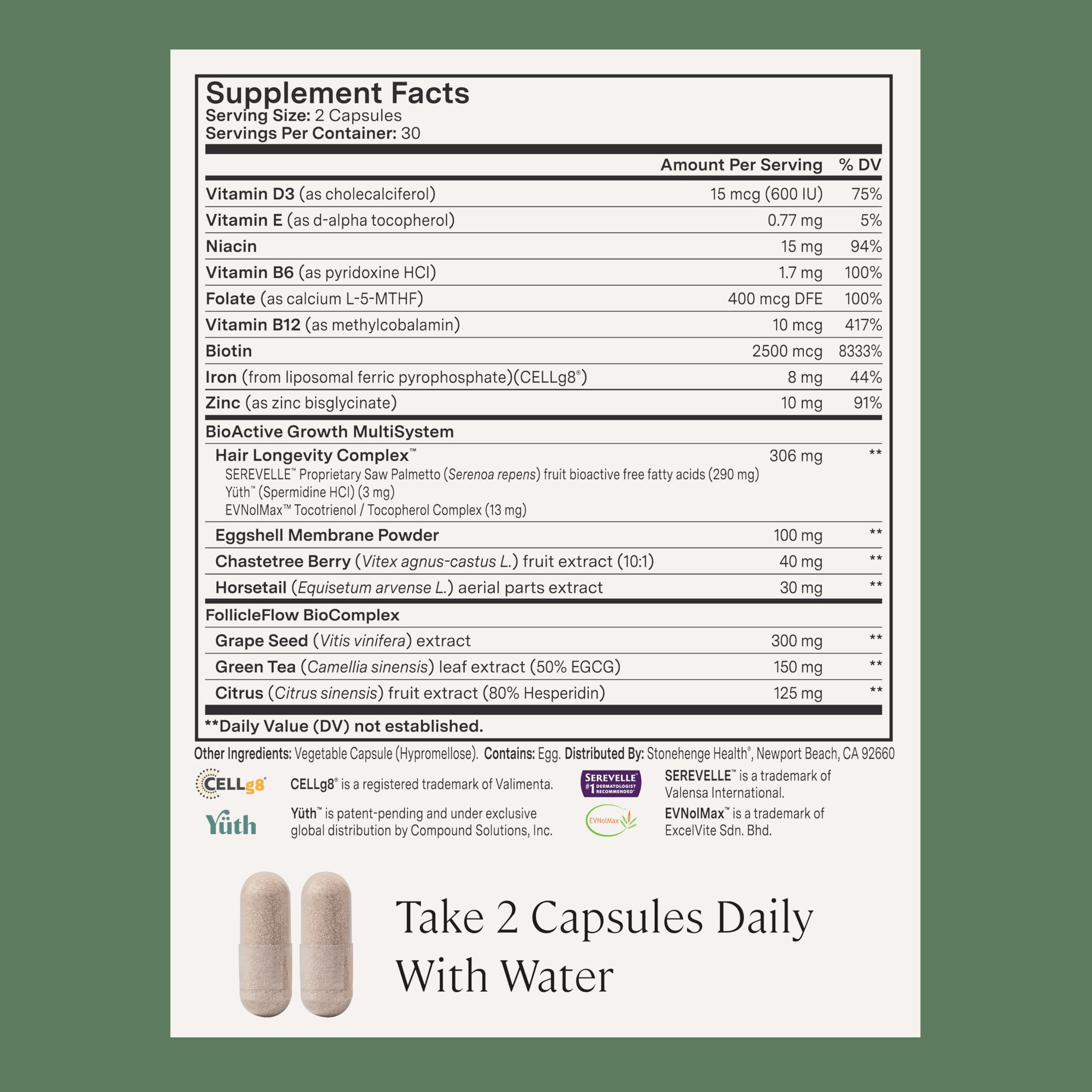 Stonehenge Health supplement label showing dosage and gentle iron information