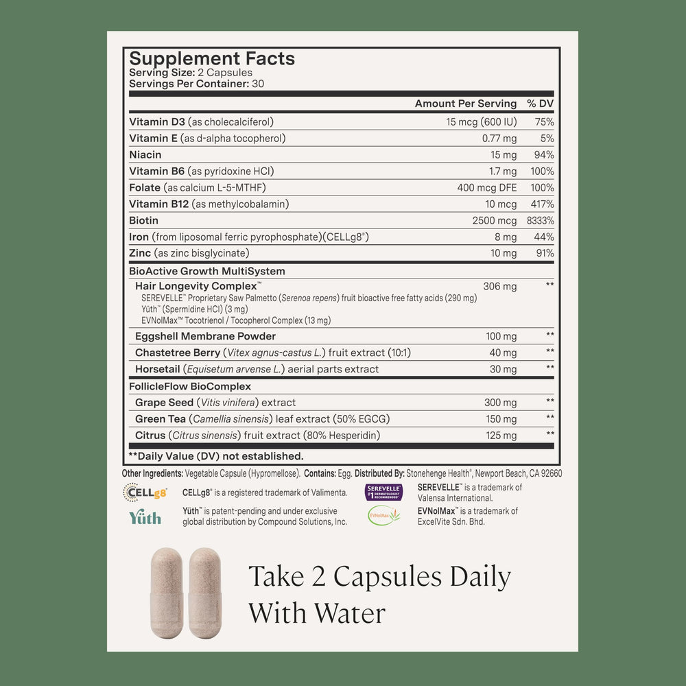 Stonehenge Health supplement label showing dosage and gentle iron information