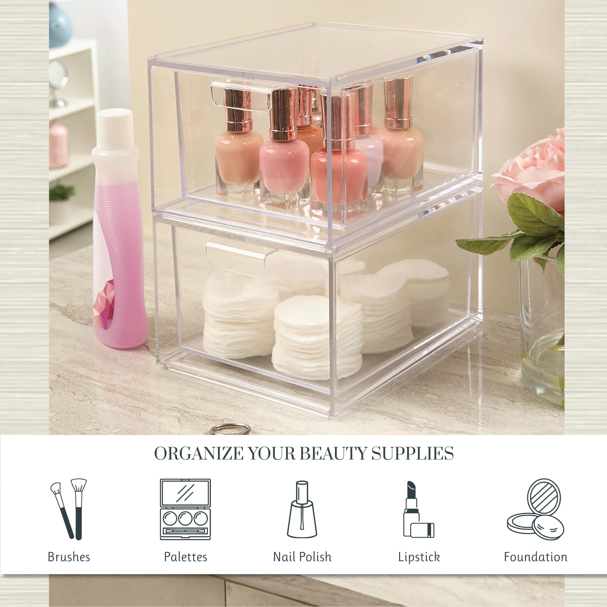 STORi drawer pulled open revealing organized makeup inside