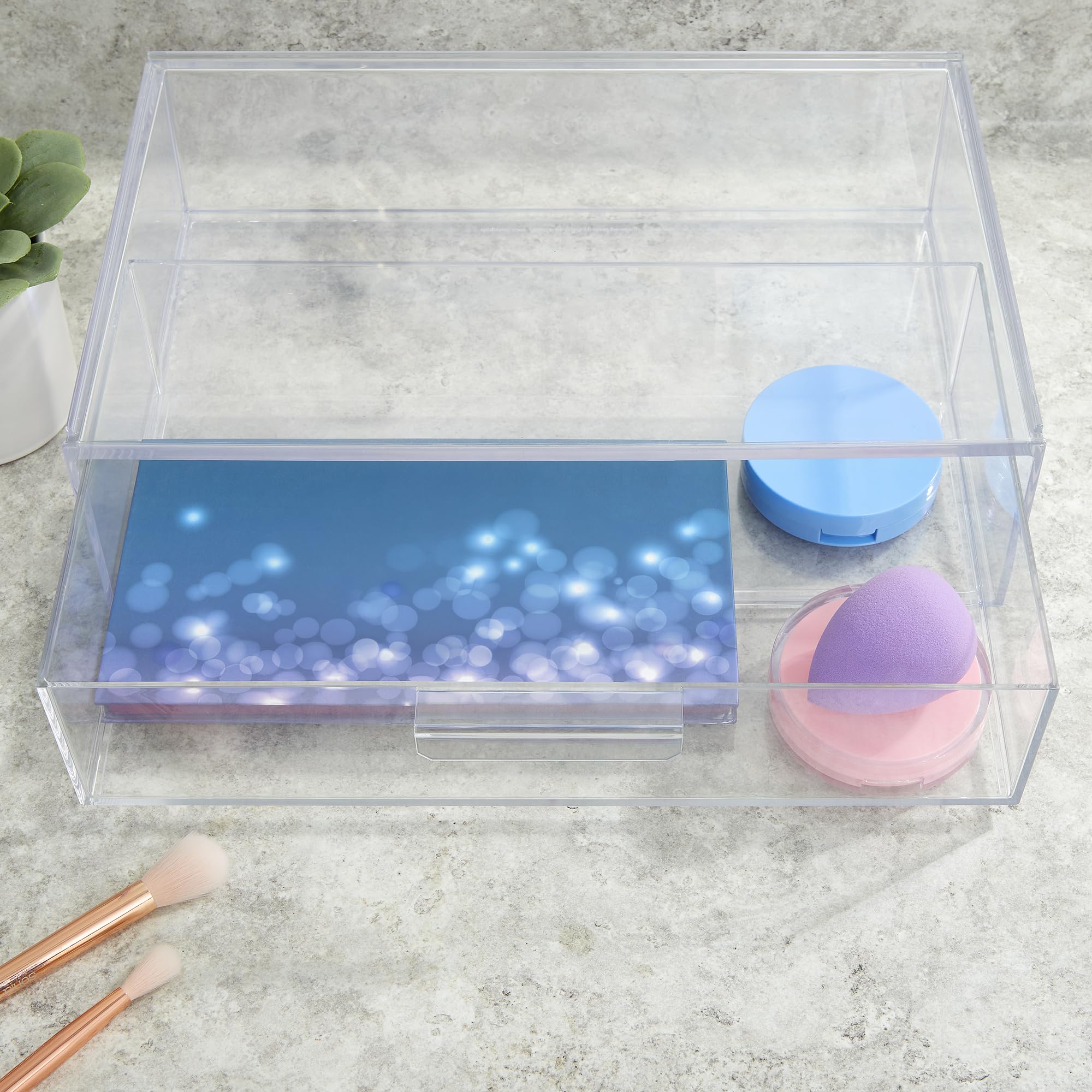 STORi on a vanity with cosmetics styled to show tidy countertop benefit