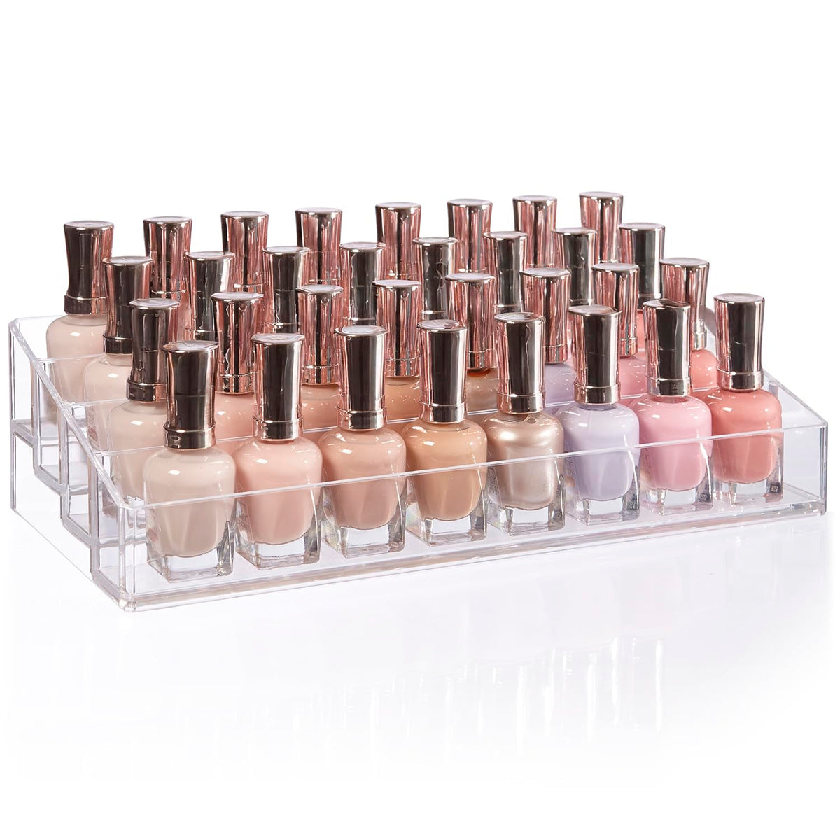 STORi clear four-tier organizer front view showing neat bottle display and easy access
