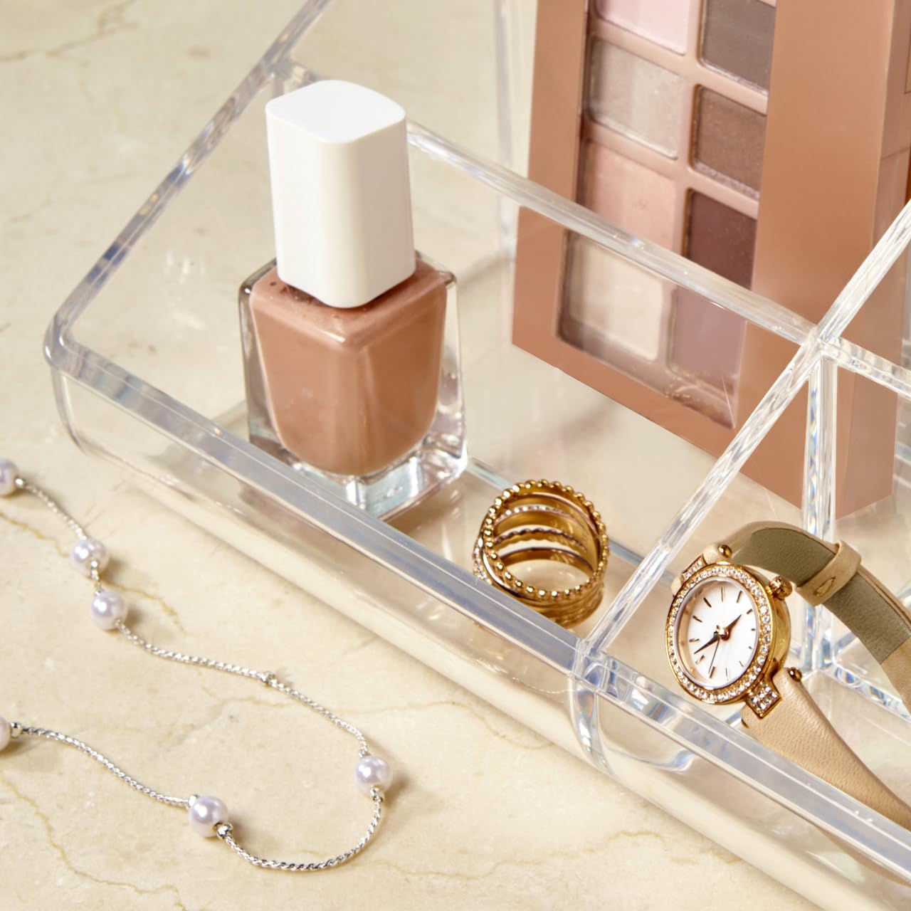 STORi lifestyle shot on vanity demonstrating tidy, streamlined morning routine