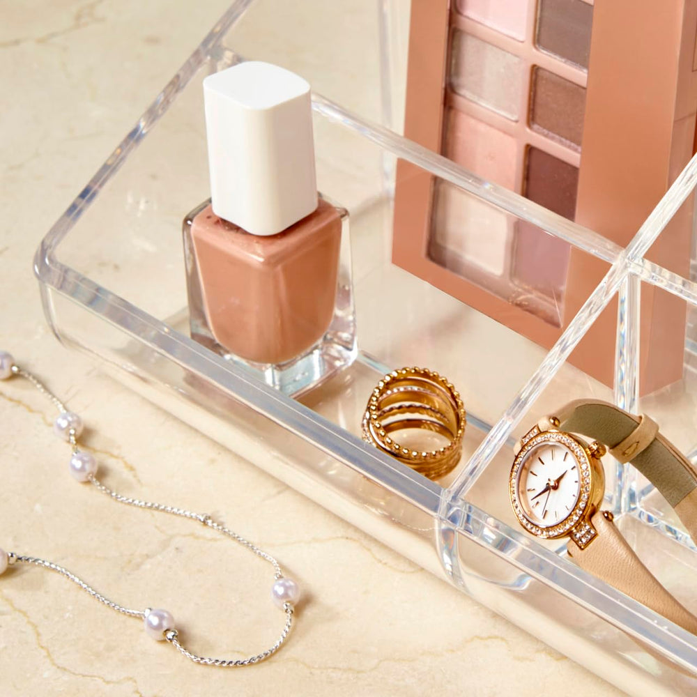 STORi lifestyle shot on vanity demonstrating tidy, streamlined morning routine