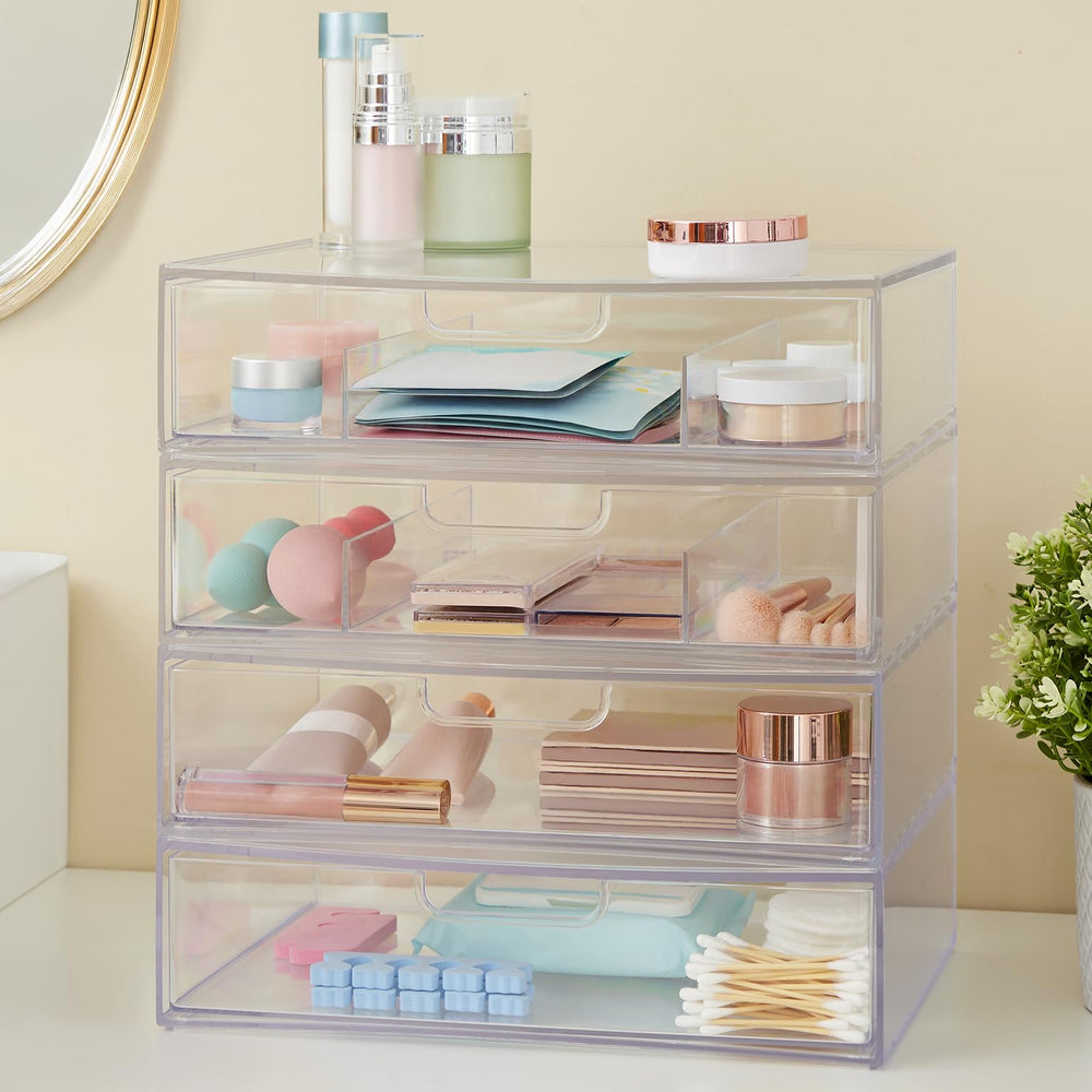STORi on bathroom vanity holding cosmetics for clutter-free counters