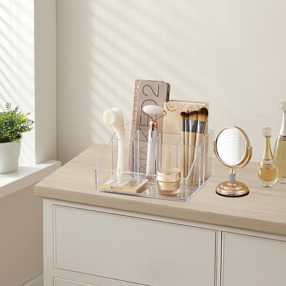STORi on a vanity holding makeup brushes and palettes for streamlined morning routines