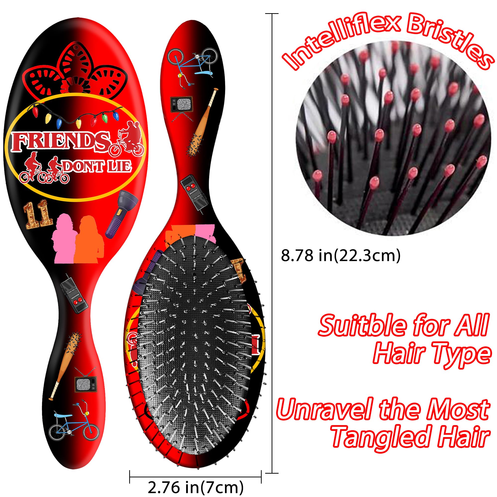 Stranger Theme paddle brush close-up with ergonomic handle for comfort