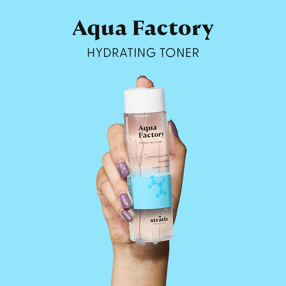 Stratia Aqua Factory on bathroom counter in routine scene demonstrating daily hydration step