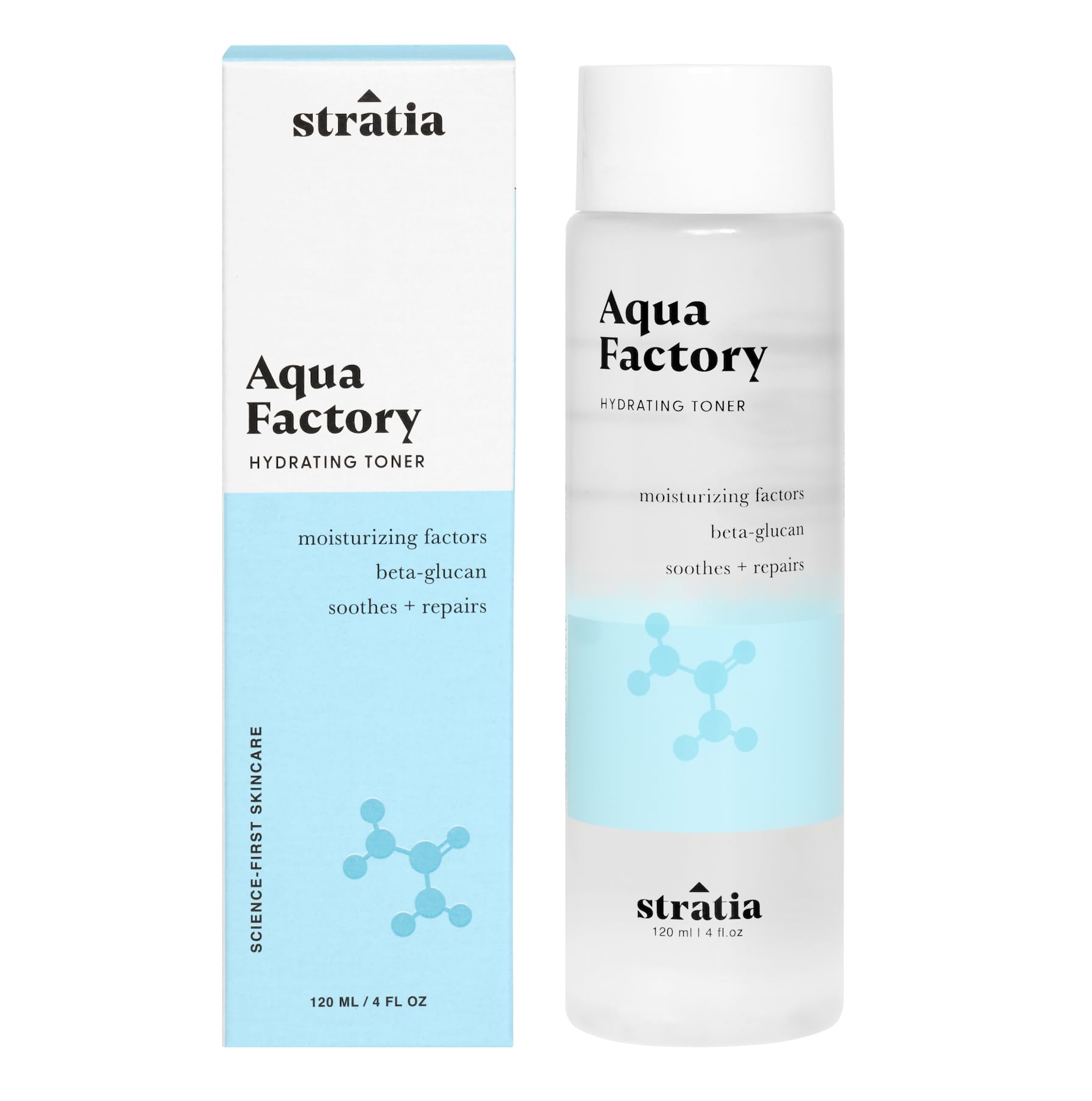 Stratia Aqua Factory front bottle on white background showing clean packaging and brand clarity