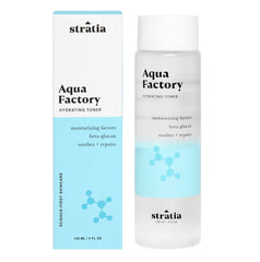 Stratia Aqua Factory front bottle on white background showing clean packaging and brand clarity