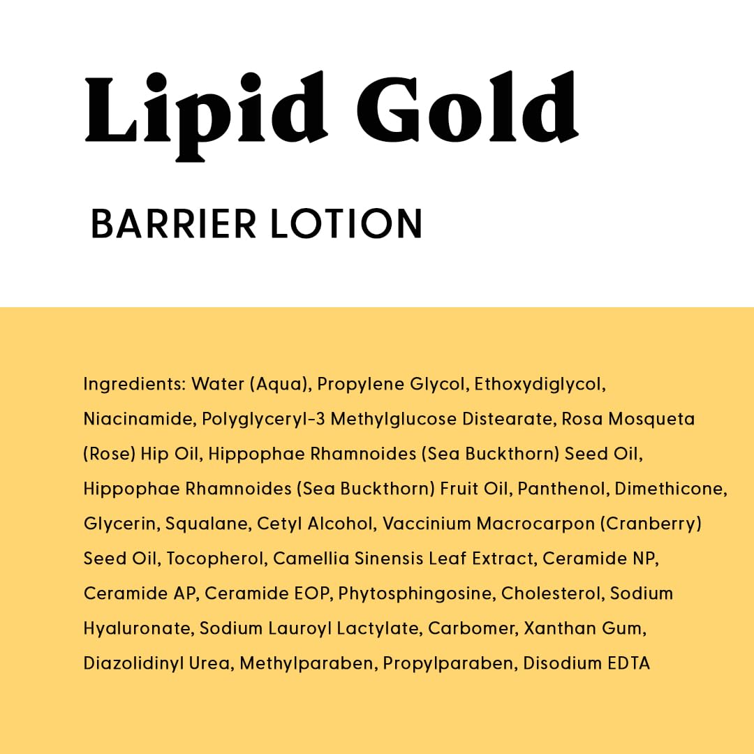 Stratia Lipid Gold next to a ruler showing 1.7 fl oz scale for clear size reference