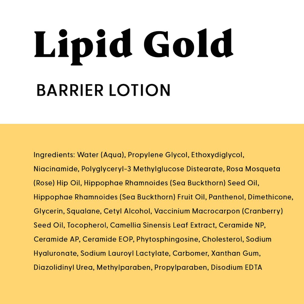 Stratia Lipid Gold next to a ruler showing 1.7 fl oz scale for clear size reference