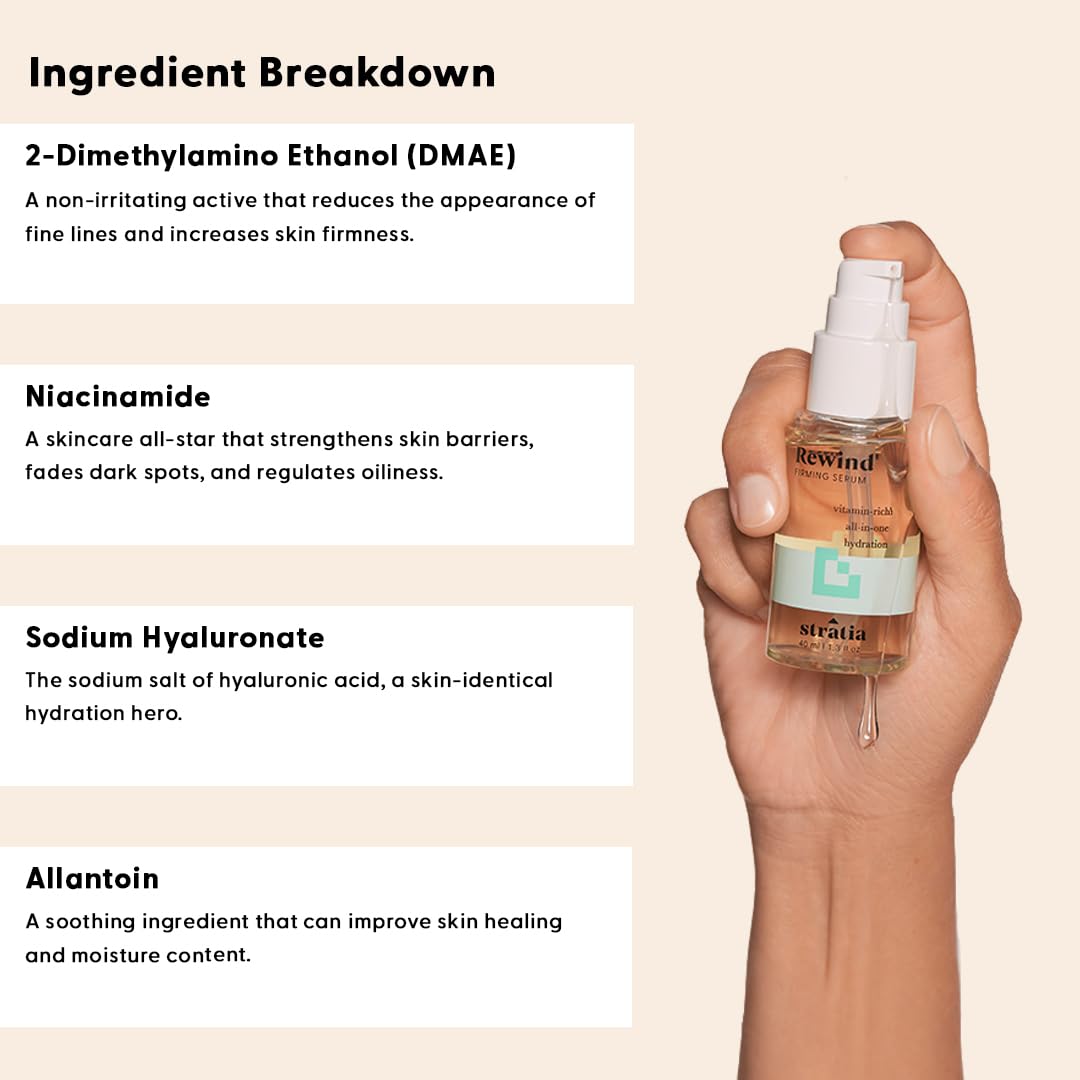 Stratia ingredient label panel, transparent formulation details benefit