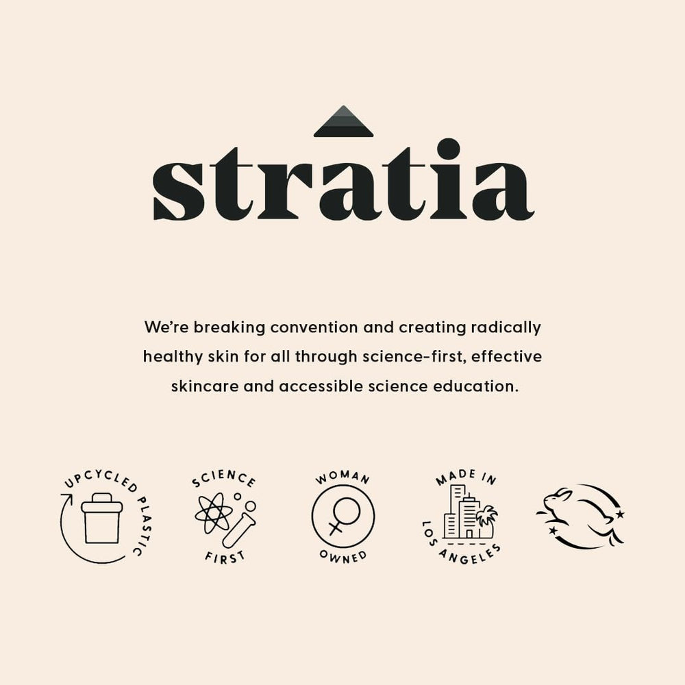Stratia bottle on bathroom counter in routine setting for daily use