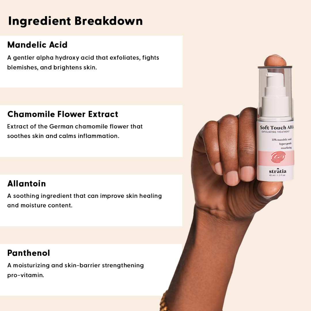 Stratia label close-up listing 10% mandelic acid and soothing ingredients