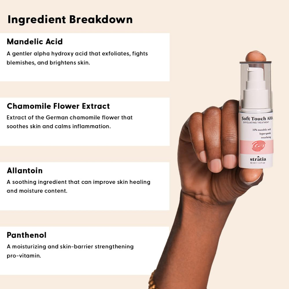 Stratia label close-up listing 10% mandelic acid and soothing ingredients