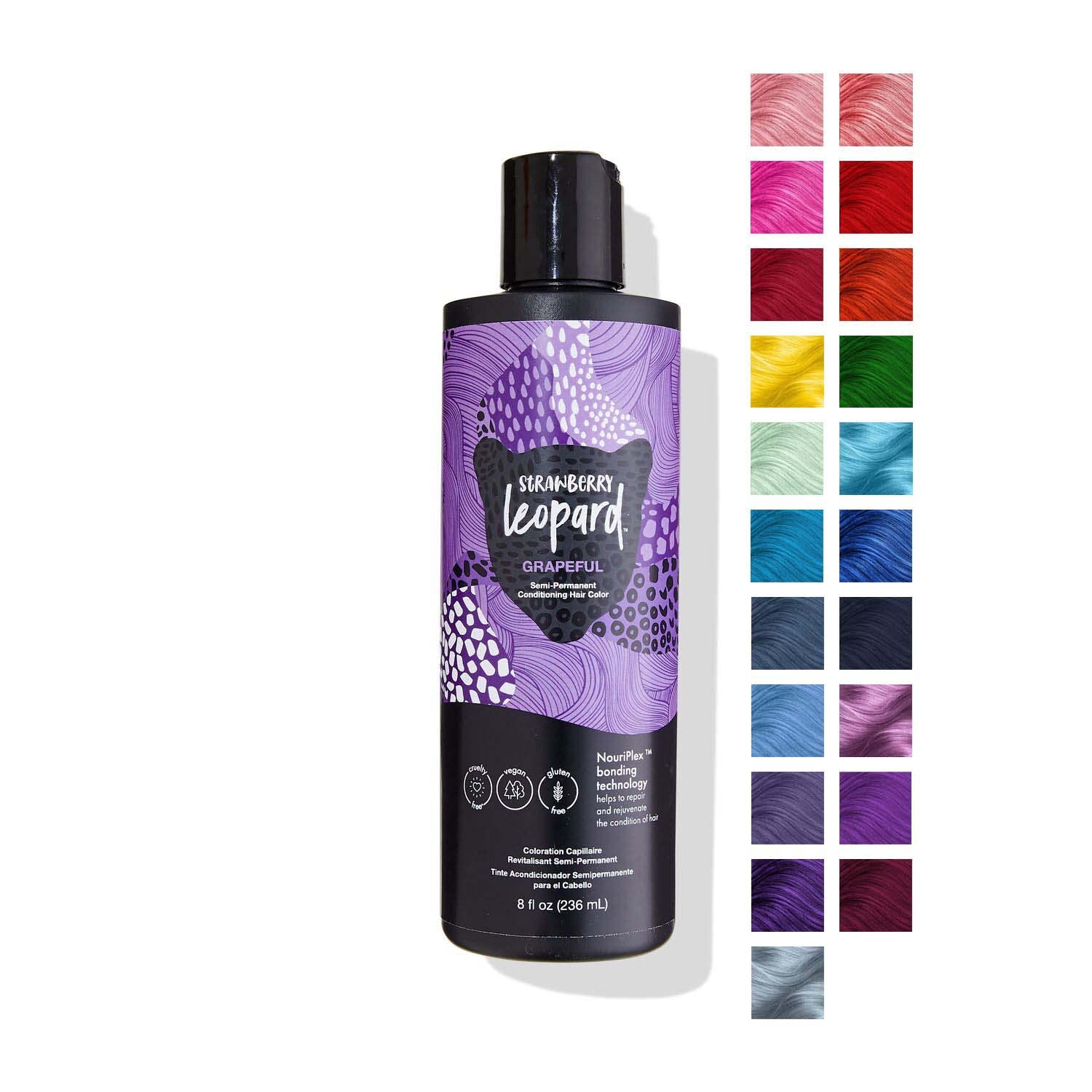 Strawberry Leopard front packaging showing 8 fl oz bottle and label benefits
