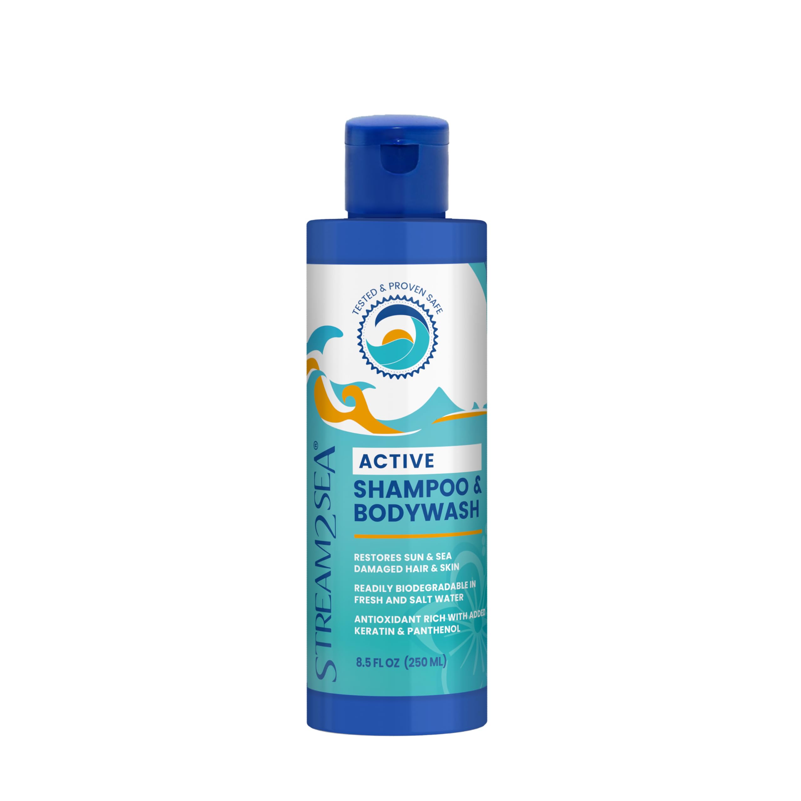 STREAM 2 SEA front bottle view showing clean reef-safe branding and usage benefits