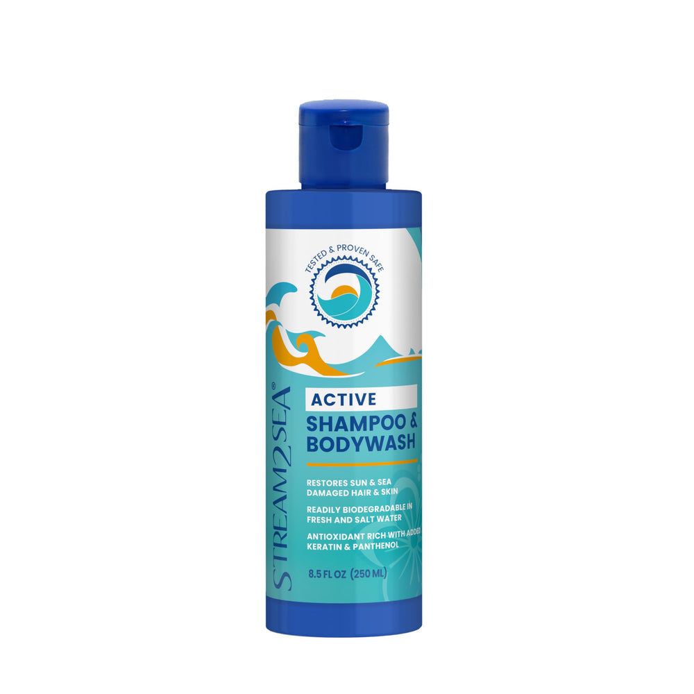 STREAM 2 SEA front bottle view showing clean reef-safe branding and usage benefits