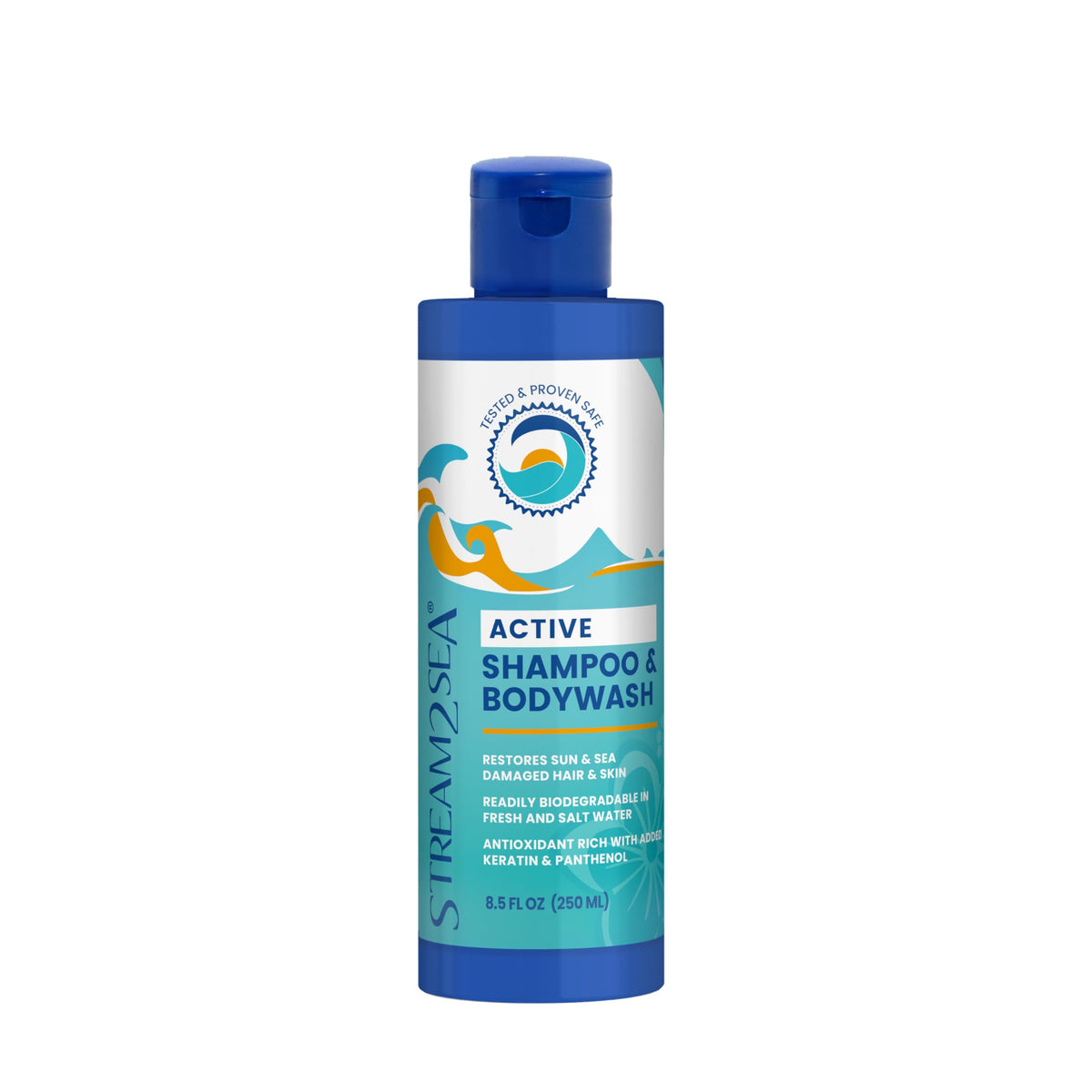 STREAM 2 SEA front bottle view showing clean reef-safe branding and usage benefits