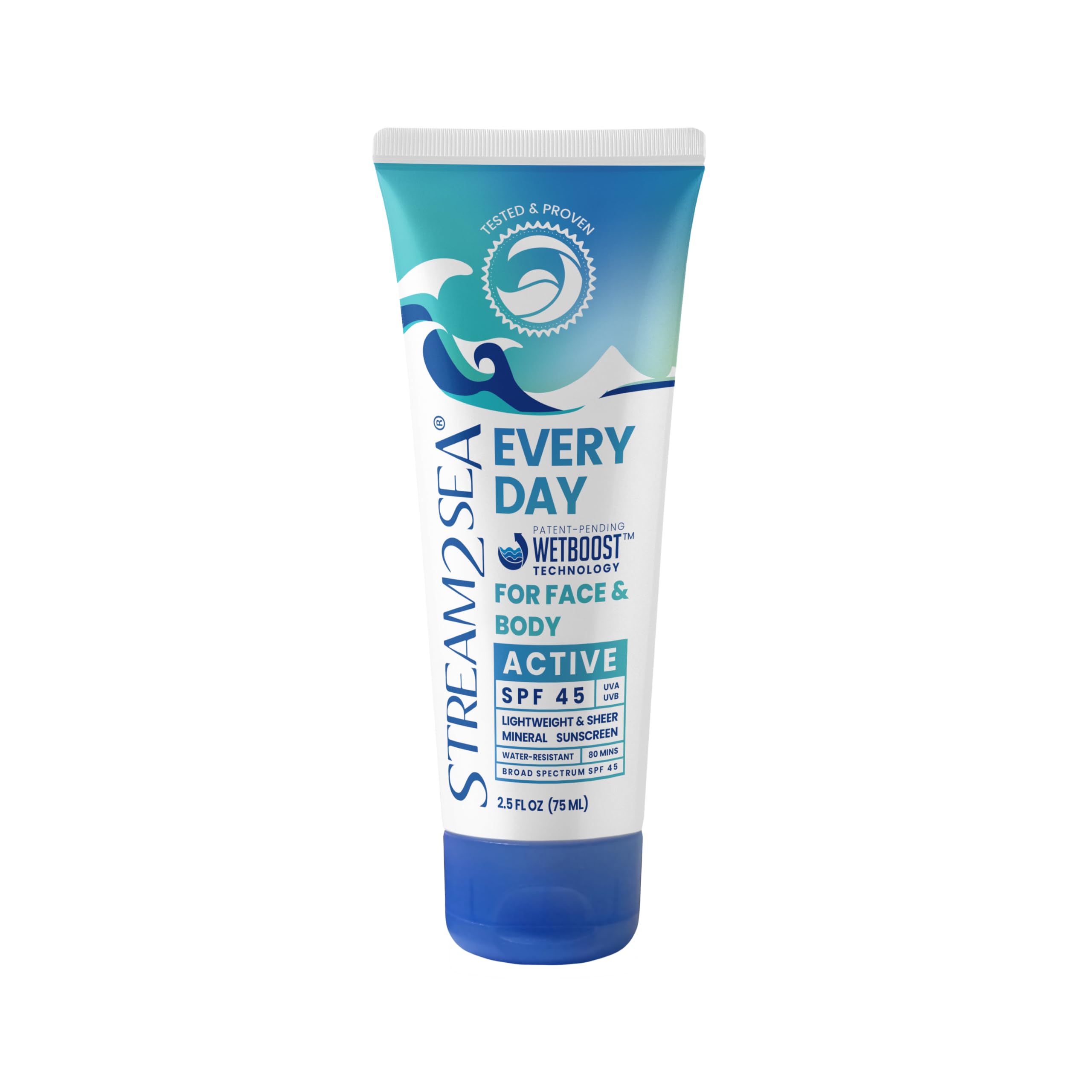 STREAM 2 SEA front packaging showing SPF 45 benefits and reef safer formula