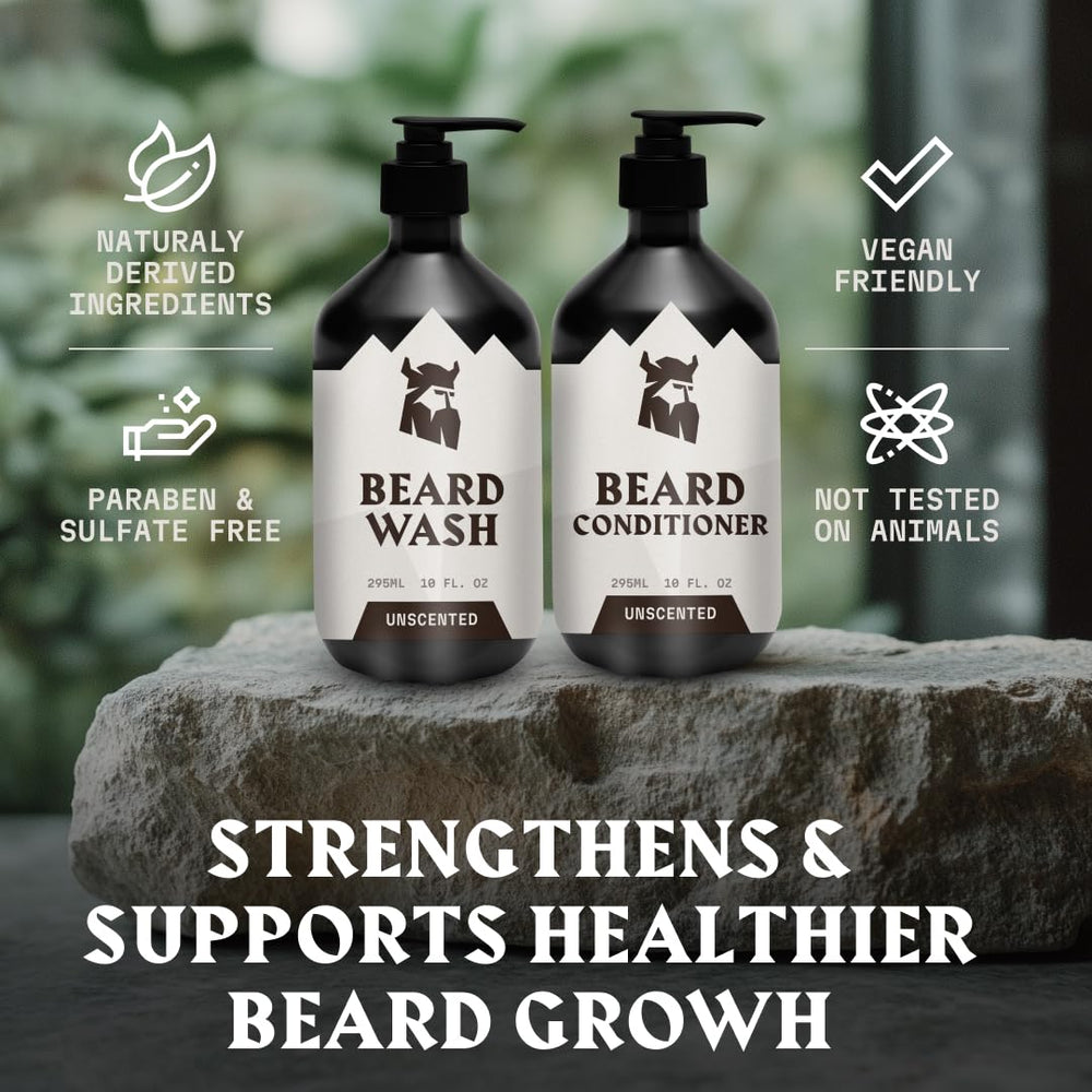 Striking Viking bottle label clear view highlighting unscented, paraben-free benefit