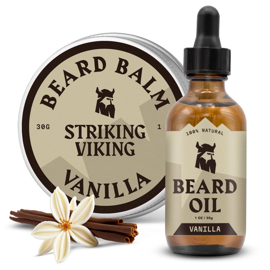 Striking Viking front tin and bottle showing the vanilla beard care duo benefit softening