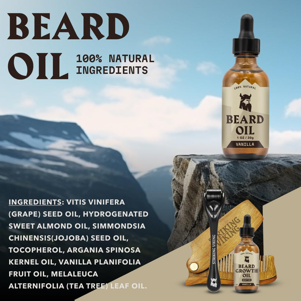 Striking Viking ingredient bottles with argan and jojoba highlighting natural nourishment