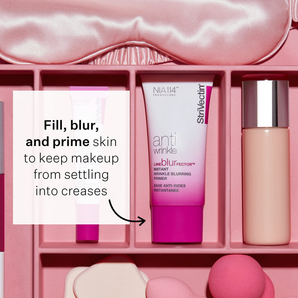 StriVectin on a bathroom vanity near mirror conveying everyday skincare and makeup prep routine
