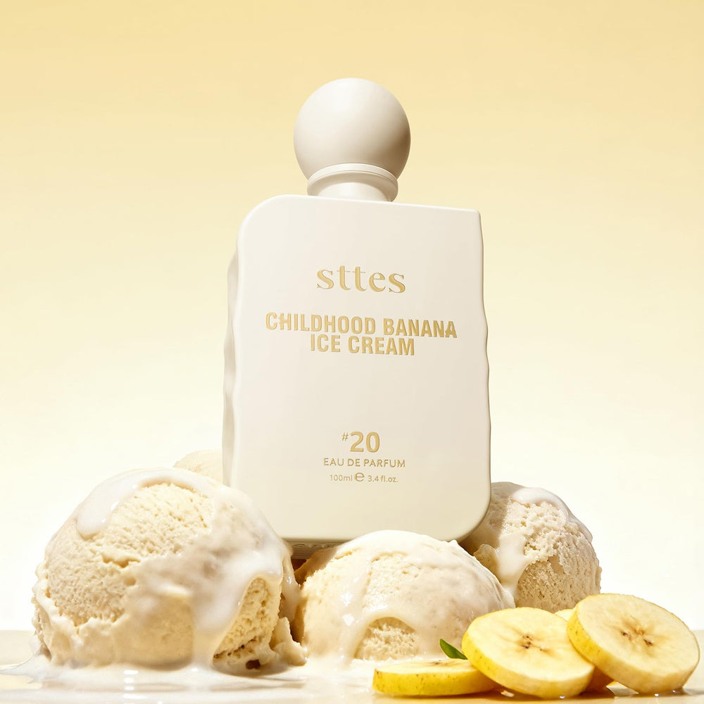 Sttes perfume alongside banana and vanilla ingredients illustrating scent accords