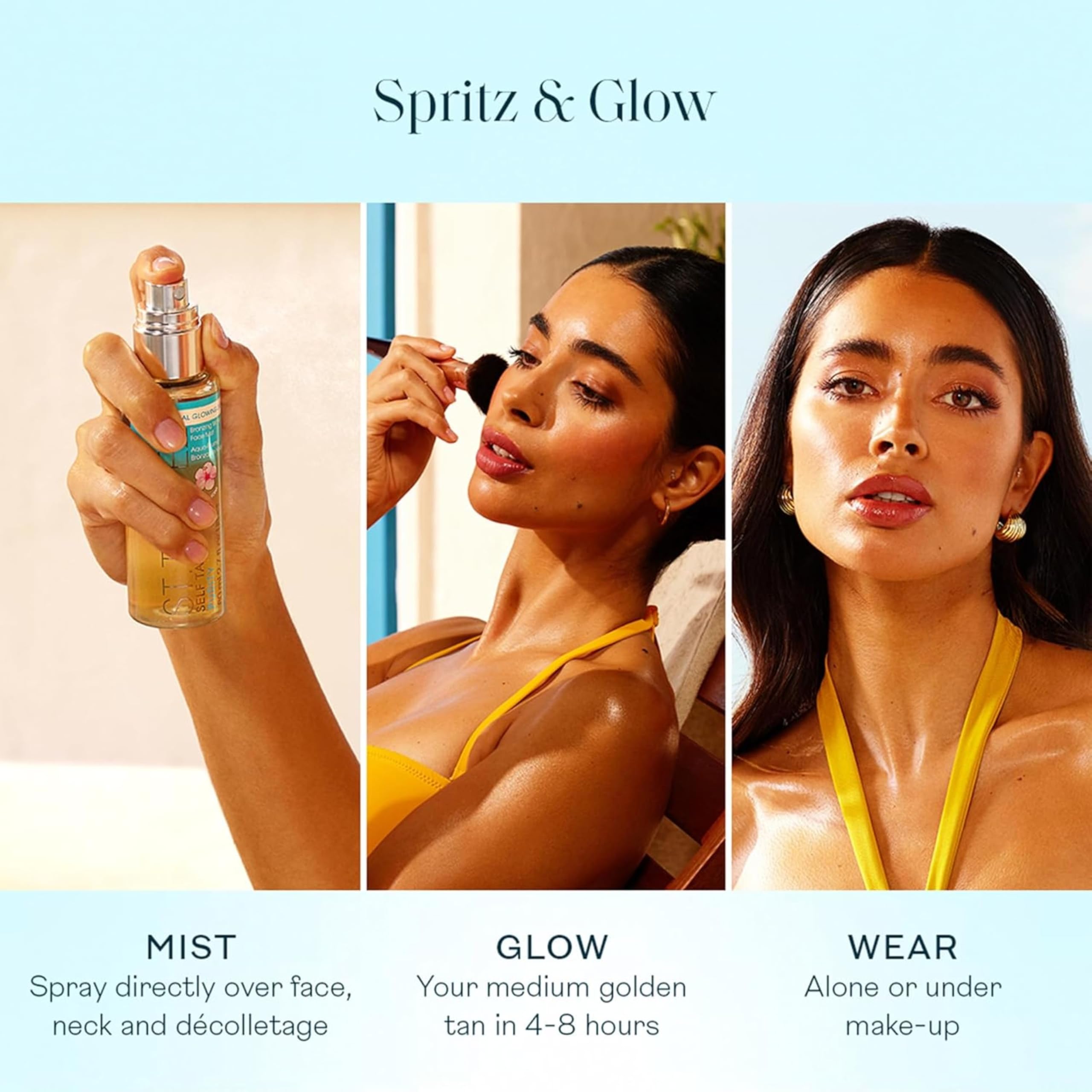 Model using St.Tropez mist on face showing quick glow and easy use benefit