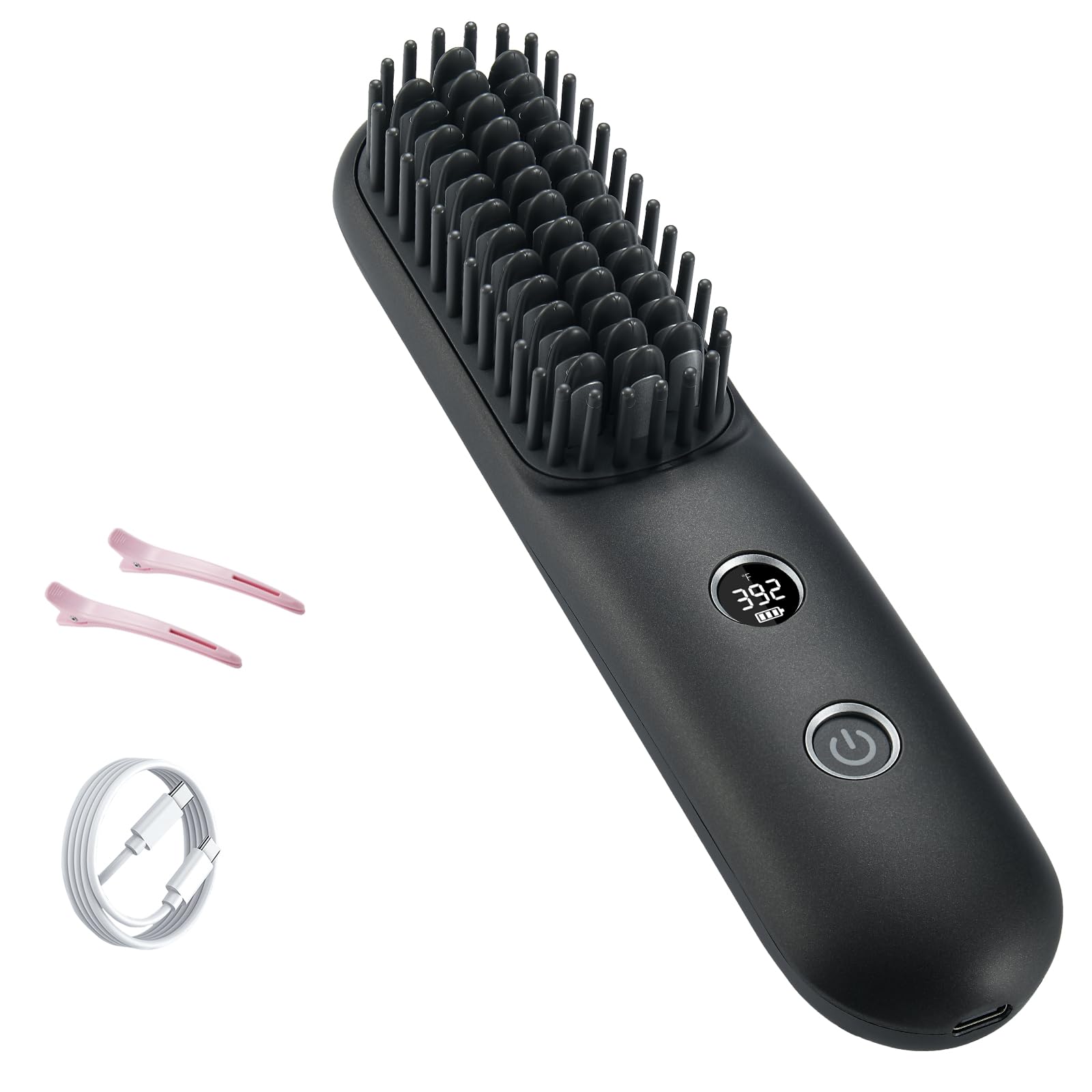 STUDLLY front view of cordless hot brush showing sleek black design and portability