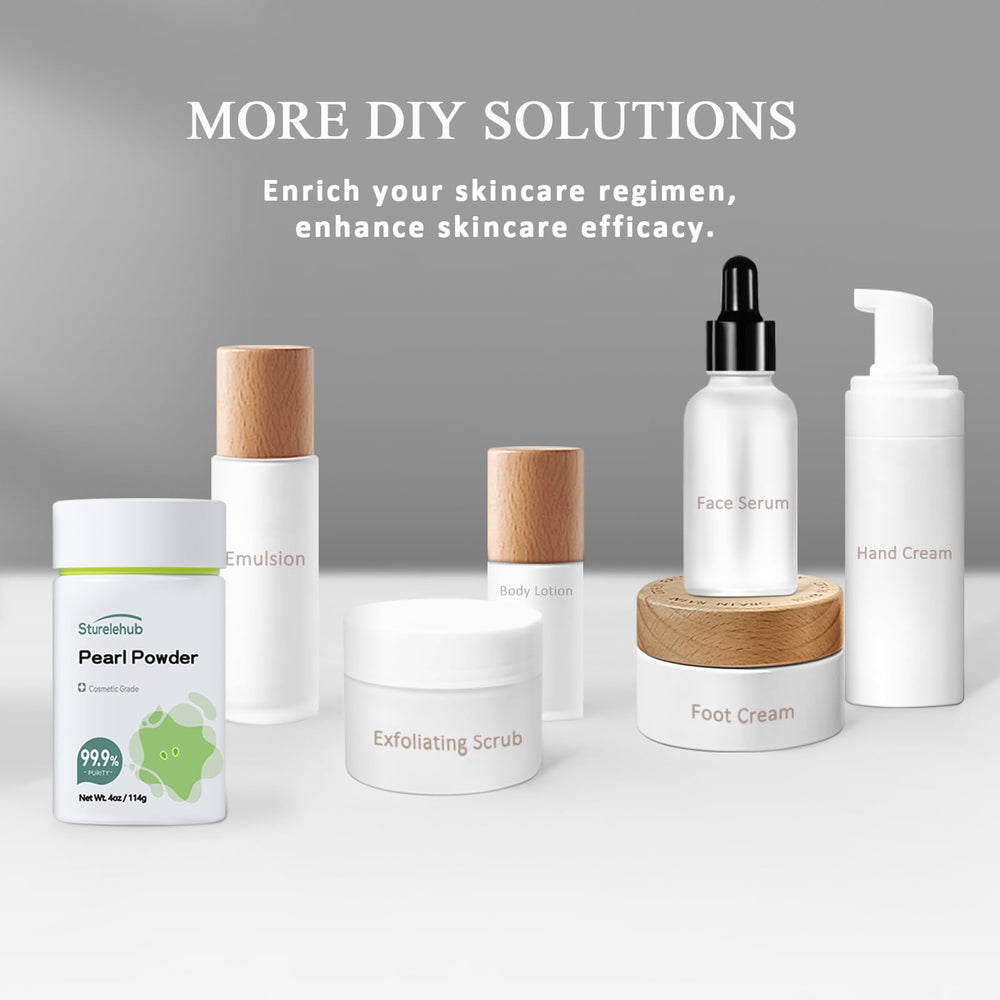Sturelehub pearl powder on a vanity with tools for home skincare routines