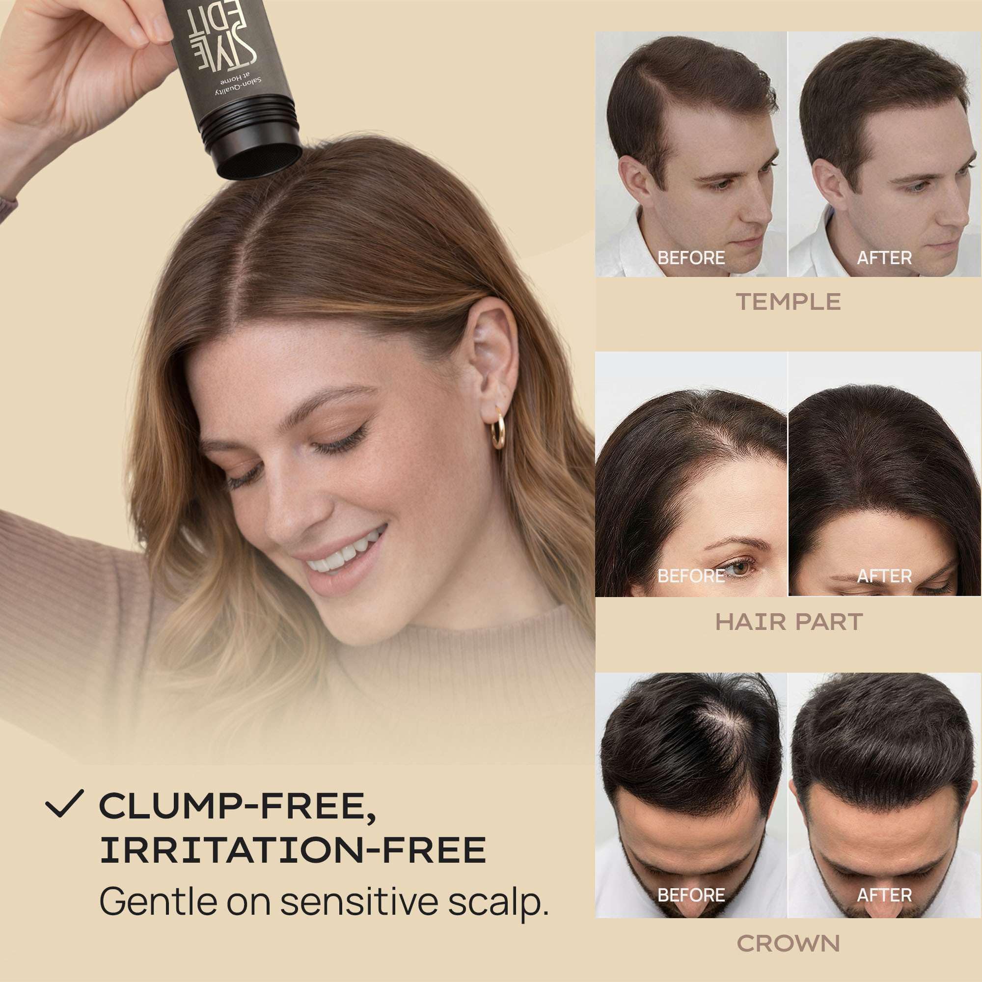 STYLE EDIT application demo sprinkling fibers onto thinning area for concealment