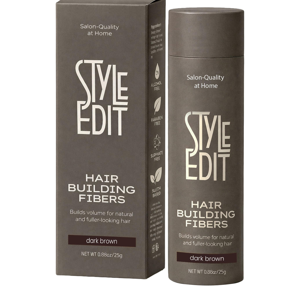 STYLE EDIT jar front view showing dark brown fibers for instant fuller hair