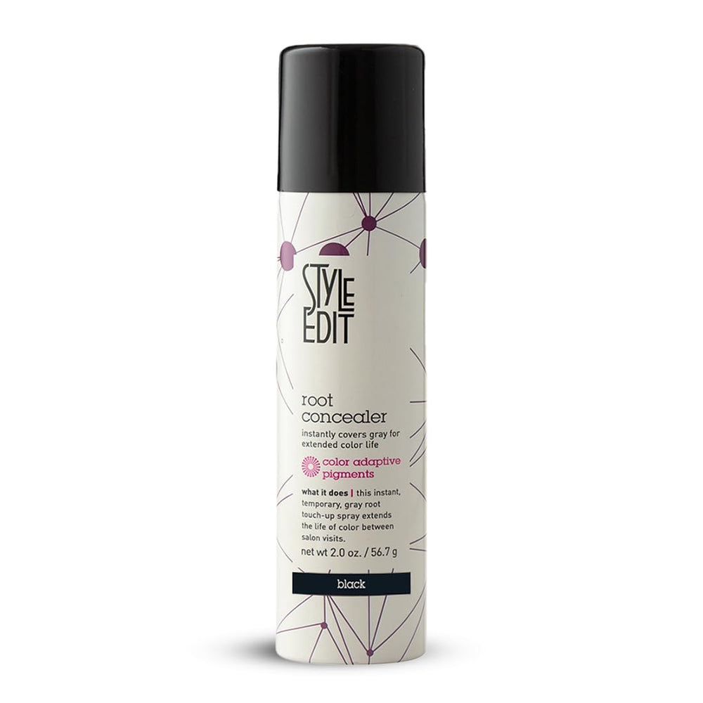 STYLE EDIT front packaging showing black root touch up spray for quick coverage