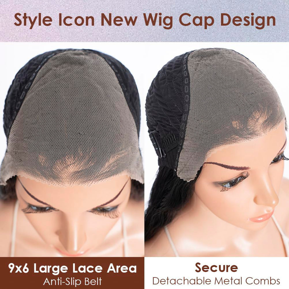 Style Icon packaged wig displayed on stand for storage and shape protection