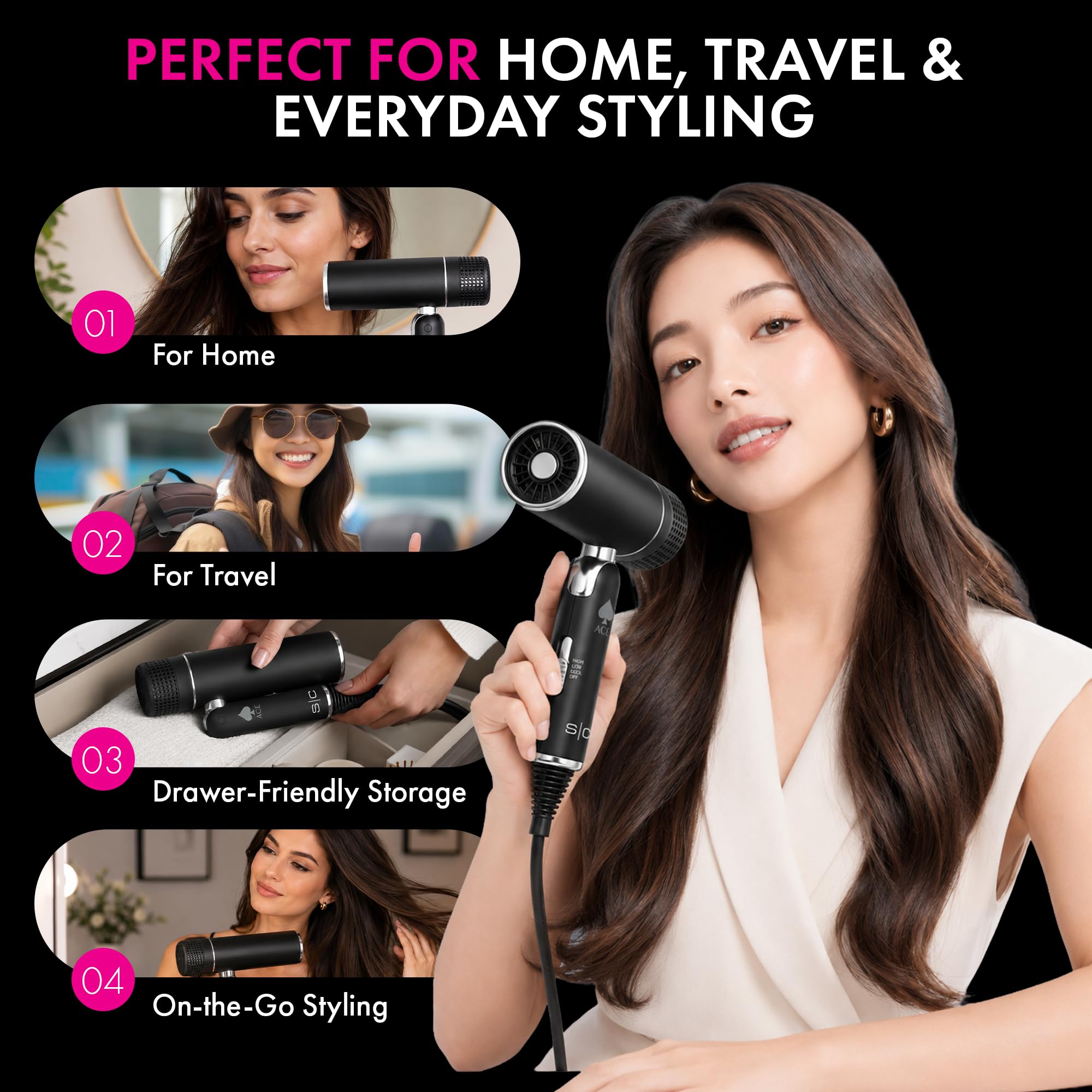 StyleCraft Ace in a travel bag on a hotel dresser illustrating portable styling freedom