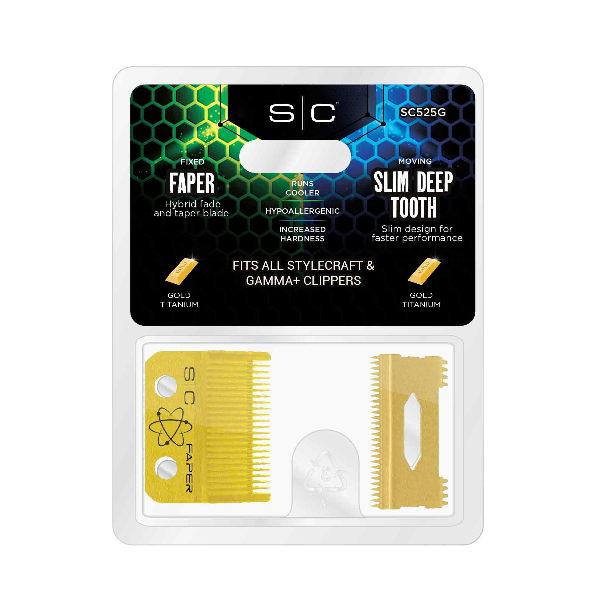 Stylecraft gold titanium faper next to ruler showing slim deep blade profile for accuracy