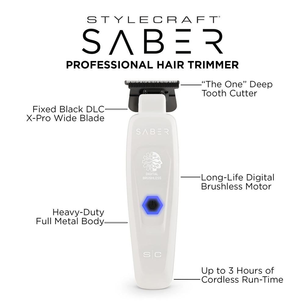 STYLECRAFT Saber blade closeup showing DLC X-PRO wide blade for sharp, durable cuts