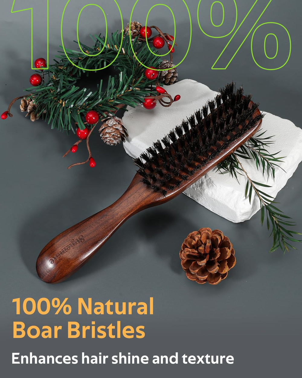 STYLEMATE close-up of natural boar bristles revealing firm texture and shine benefit