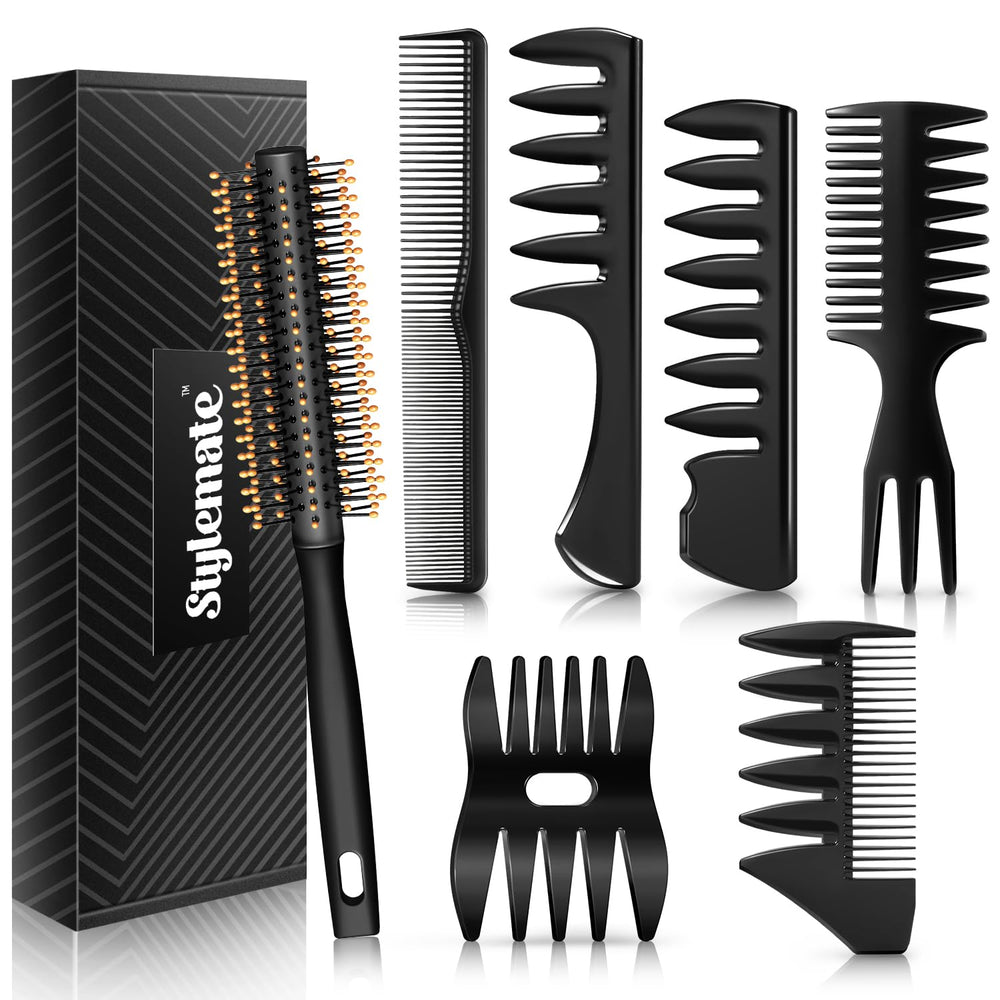 STYLEMATE front packaging showing full comb and brush set, easy storage benefit