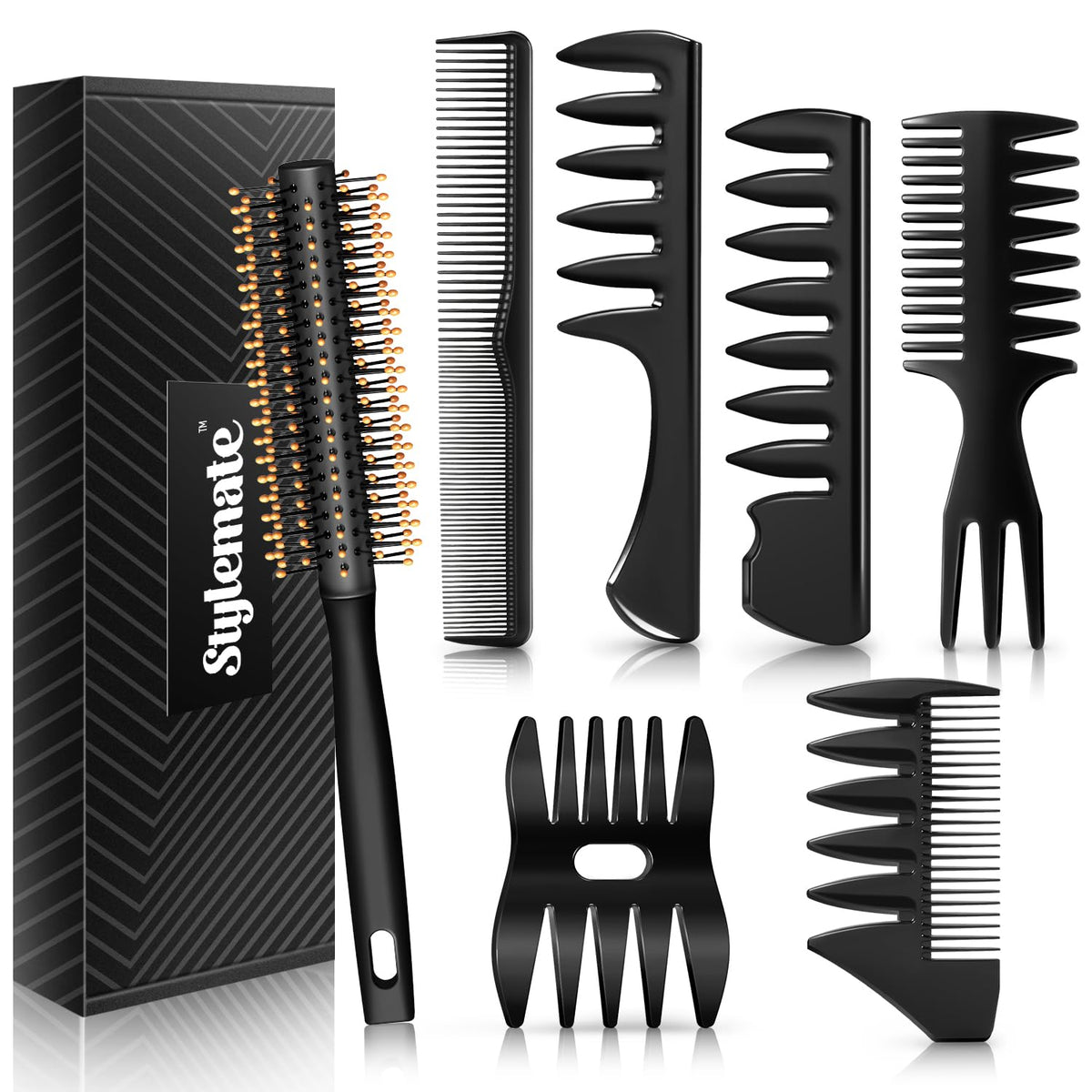 STYLEMATE front packaging showing full comb and brush set, easy storage benefit