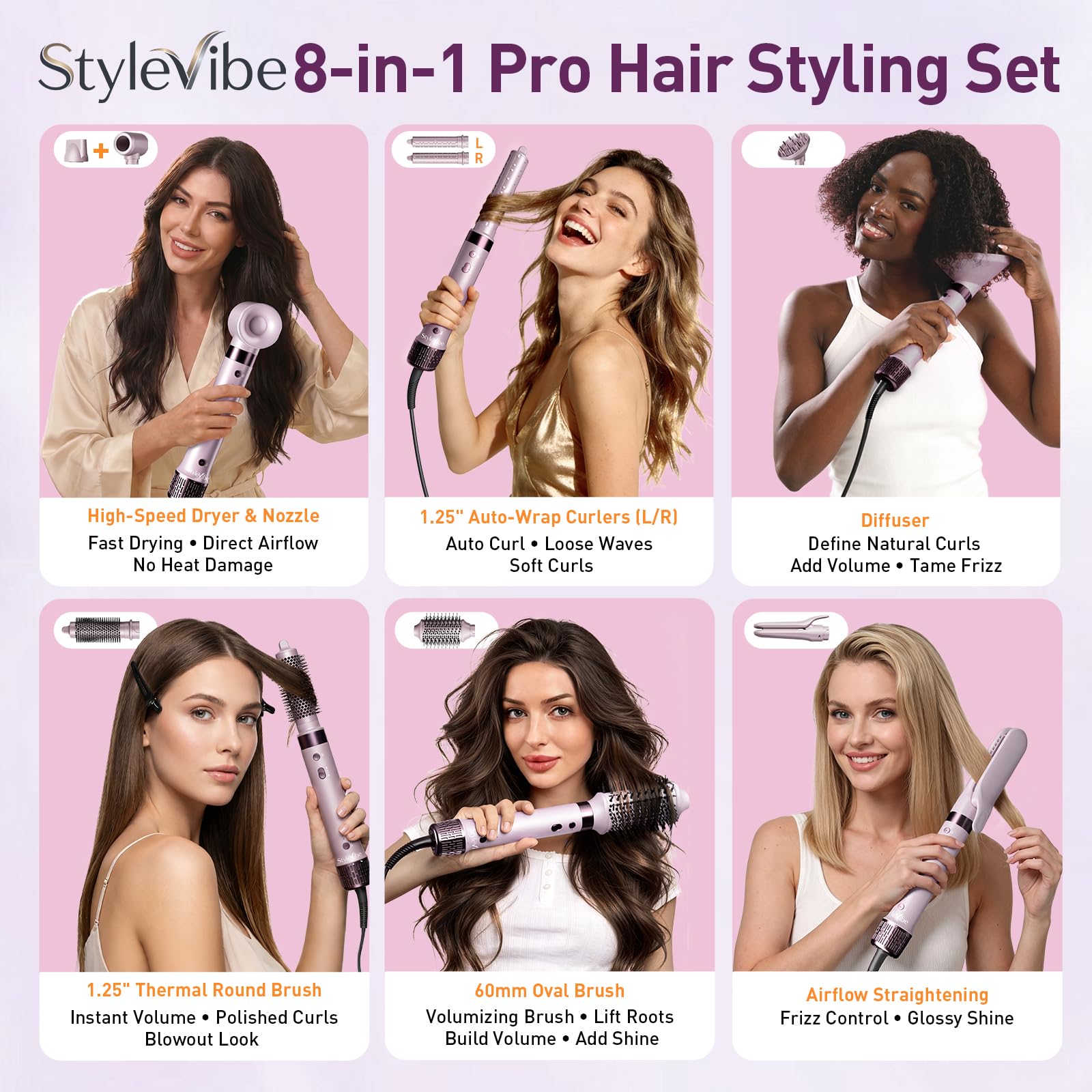 StyleVibe attachments arranged to display included magnetic nozzles and barrels