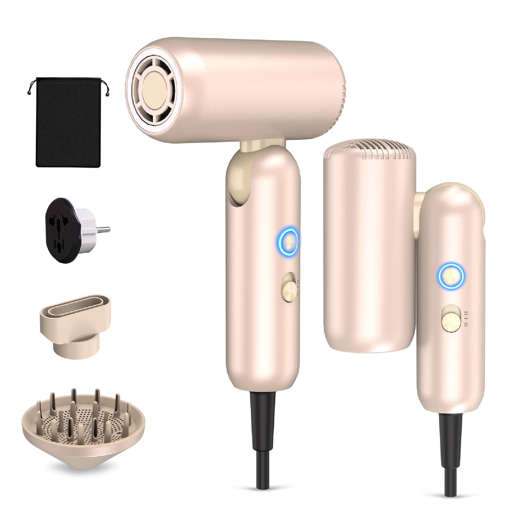 StyleVibe Mythsight front view showing compact travel-ready dryer and benefits