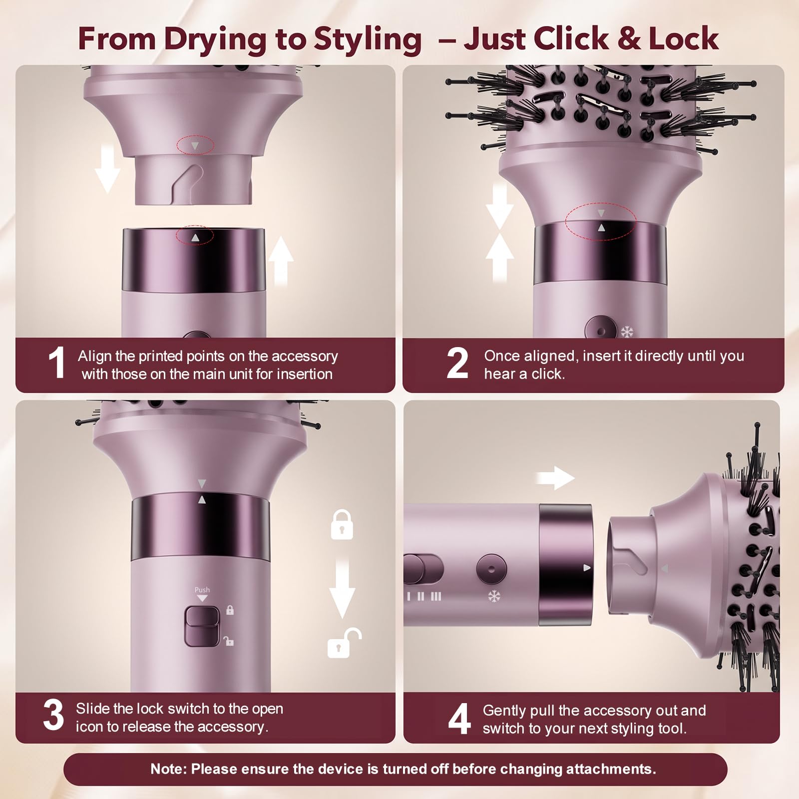 StyleVibe cord and swivel showing 360-degree freedom and tangle-free styling benefit