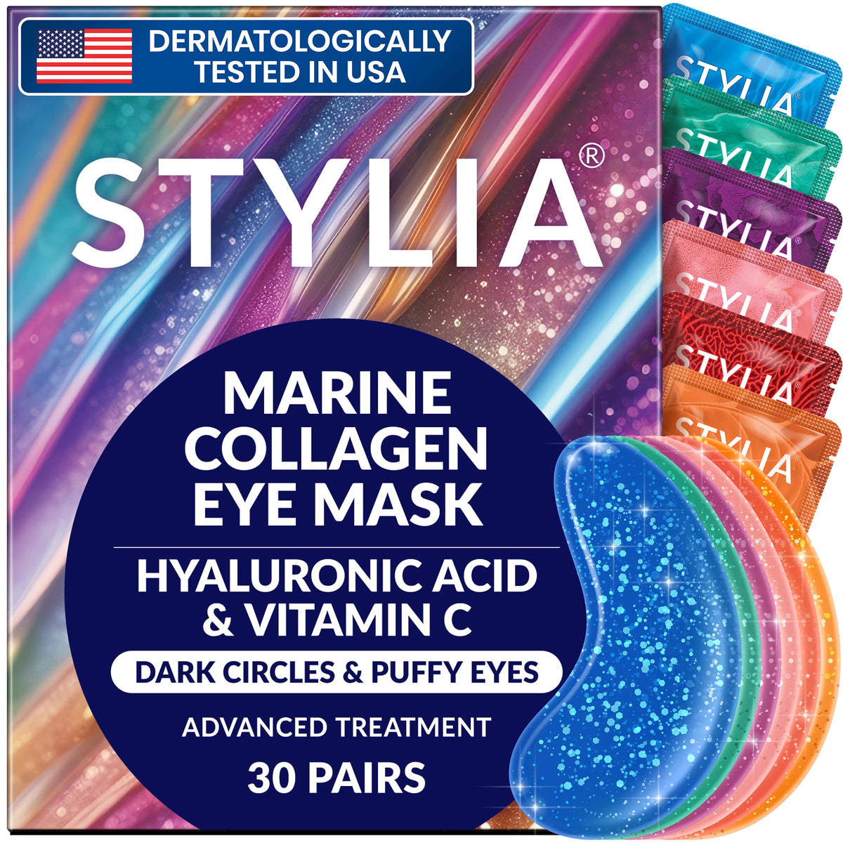 Stylia front jar and patches showing product and easy refresh benefit